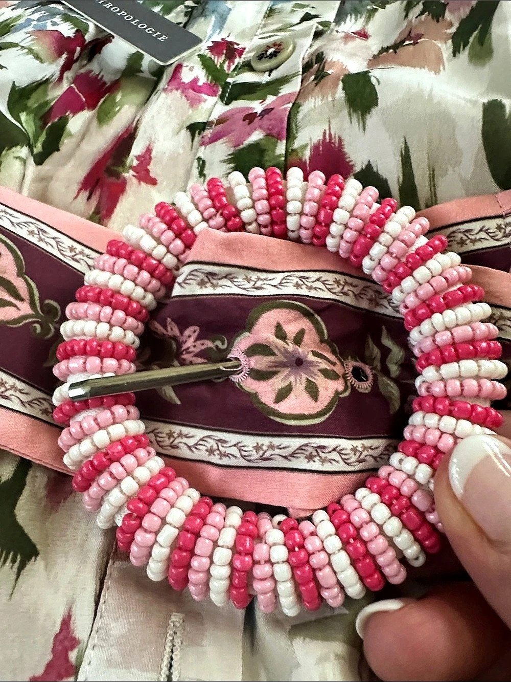 🌺🌺NEW FARM Rio for Anthropologie Beaded-Belt Mini Shirtdress Pink & Green Small - Picture 6 of 8